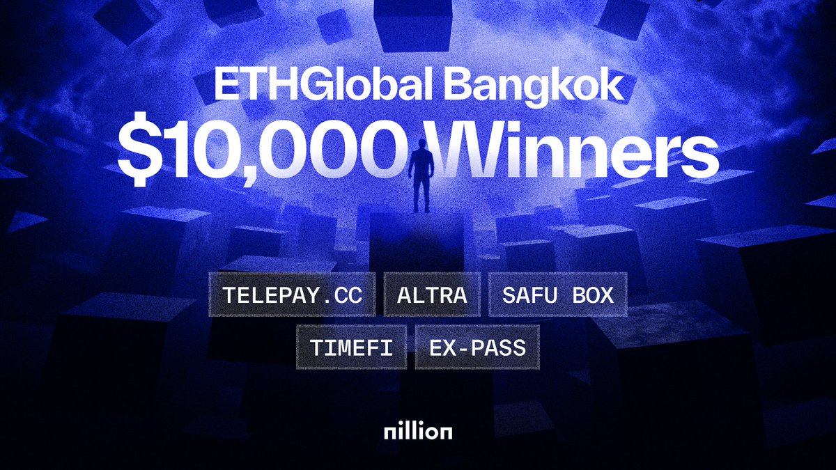 nillion's tweet photo. 🏆 Congratulations to the winners of the Nillion bounties at @ETHGlobal Bangkok

🔒Nillion Storage and Retrieval Prize: $1,666.67 each
▶️ Telepay
▶️ Altra
▶️ Safu Box

👁️Best Blind App built with Create-Nillion-App: $2,500 each
▶️ TimeFi
▶️ EZ-Pass https://t.co/IZUlP3OxFs