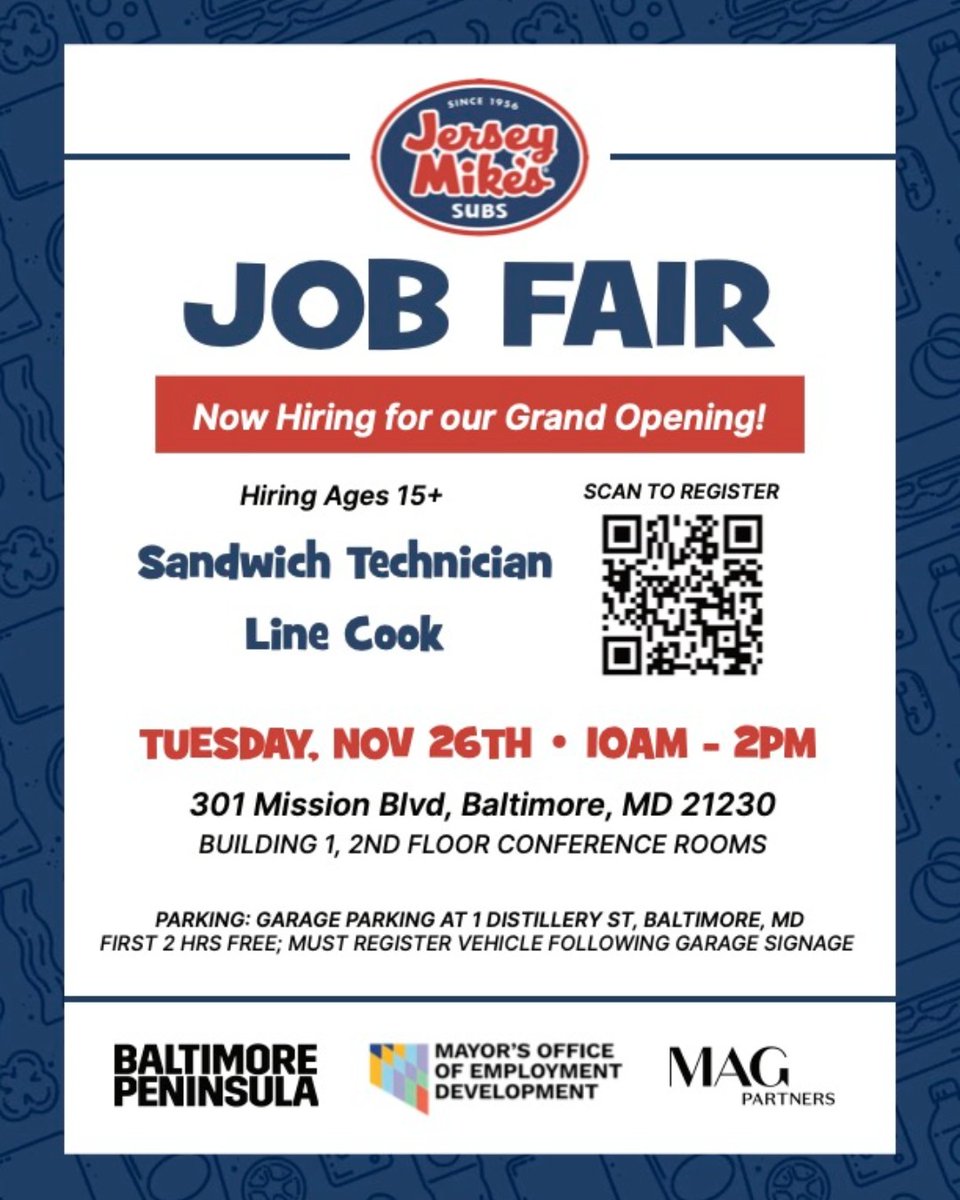 Next Tuesday! Our friends at <a href="/Balt_Peninsula/">Baltimore Peninsula</a> and MAG Partners are hosting a job fair for the new Jersey Mikes opening soon! 🥪

Register now ➡️ bit.ly/jerseymikesjob…

📍301 Mission Blvd (Building 1, 2nd floor conference room)
🕙 10am to 2pm