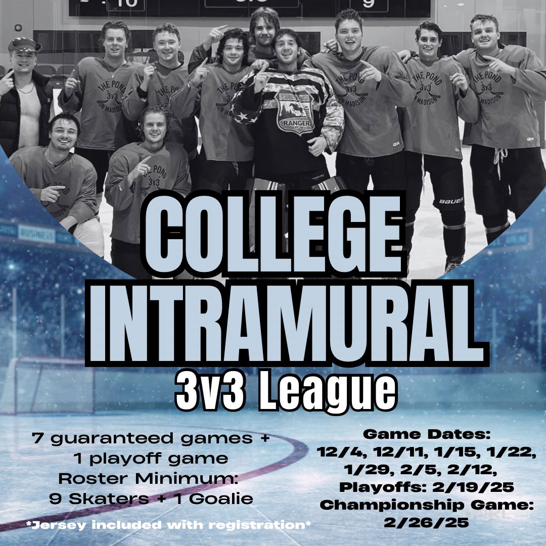 🏒 Calling all hockey players! Join our College Intramural 3v3 League for fast-paced games, fierce competition, and guaranteed fun! Sign up today and let the battle for glory begin! 

Click Here to Sign Up: lalink.io/3V0UeRb

#CollegeHockey #3v3League #collegeintramurals