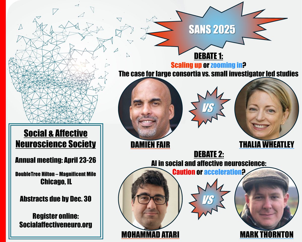 SANS (@sans_news) on Twitter photo #SANS2025 will feature two debates! First <a href="/DrDamienFair/">Damien Fair</a> will debate <a href="/ThaliaWheatley/">Thalia Wheatley</a> about the usefulness of large consortia vs. small bespoke studies, then <a href="/MohammadAtari90/">Mohammad Atari</a> will debate <a href="/Mark_A_Thornton/">Mark Thornton</a> about caution vs. acceleration in applying AI to social neuroscience! #SANS2025 will feature two debates! First <a href="/DrDamienFair/">Damien Fair</a> will debate <a href="/ThaliaWheatley/">Thalia Wheatley</a> about the usefulness of large consortia vs. small bespoke studies, then <a href="/MohammadAtari90/">Mohammad Atari</a> will debate <a href="/Mark_A_Thornton/">Mark Thornton</a> about caution vs. acceleration in applying AI to social neuroscience!