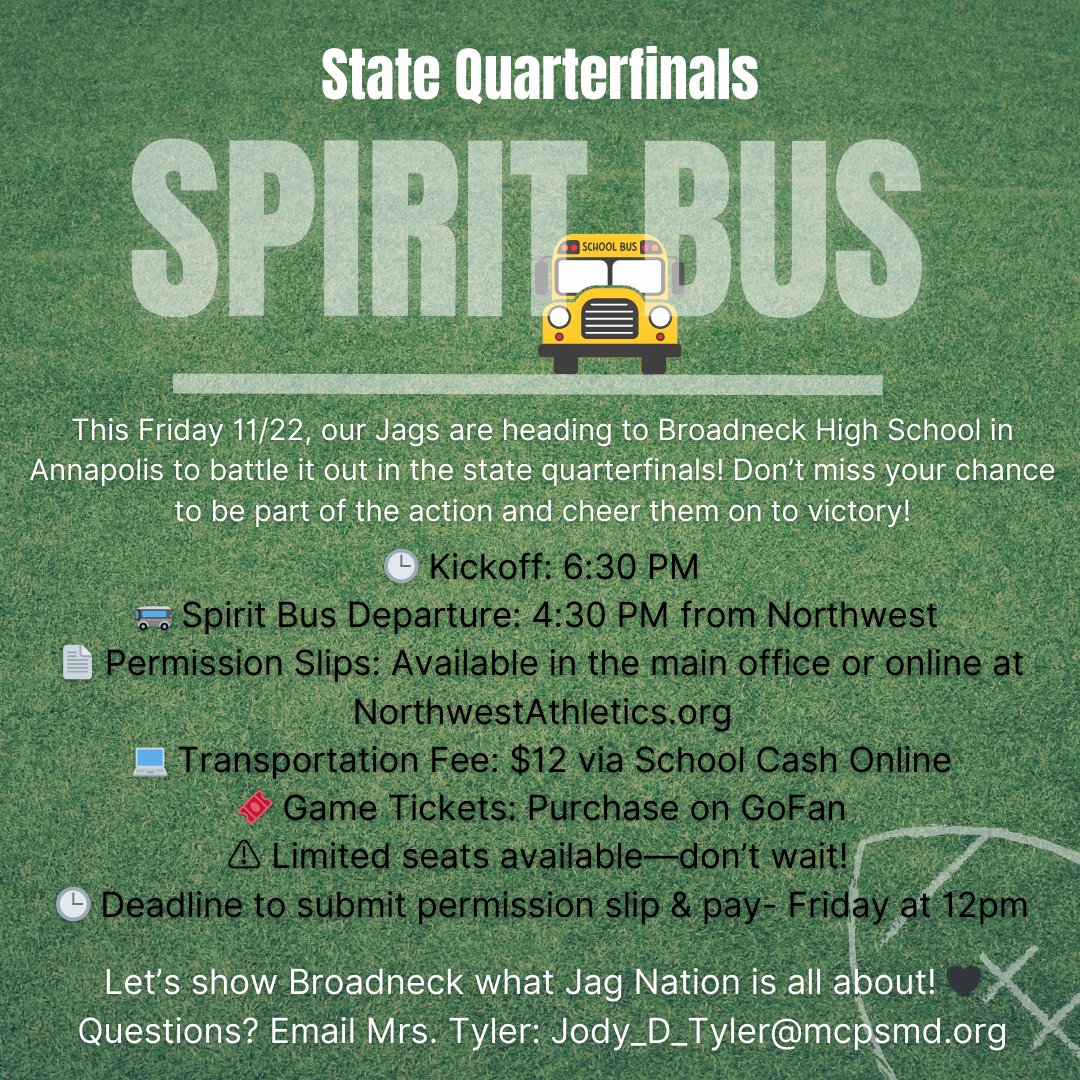 NW Students looking for a ride to the game Friday night- we are organizing a spirit bus! Get more information at NorthwestAthletics.org. Deadline to submit permission slip and payment is Friday at Noon!
<a href="/NorthwestJags/">NWJagsPrincipal</a> <a href="/NWHSBoosters/">NWHS Booster Club</a> <a href="/NWHSfootball/">Northwest Football</a> <a href="/Northwest_Jags/">JAG NATION</a>