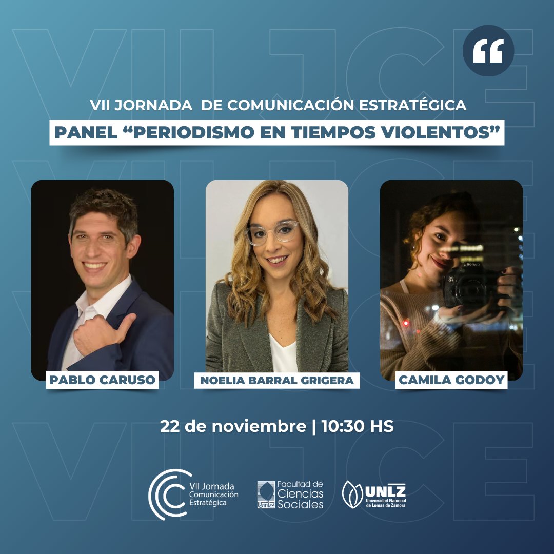 💬Periodismo en tiempos violentos
🎙️ <a href="/nbg__/">Noe Barral Grigera</a> , Periodista y conductora en IP Noticias.
📺 <a href="/carusopablo/">Pablo Caruso</a> , Conductor de radio y televisión.
📷<a href="/ccamigodoy/">Cami</a> , Reportera Gráfica e integrante de Movida Colectiva.
🗓️22/11 – 10.30 hs.
📍<a href="/socialesunlz/">Cs Sociales UNLZ</a>
📝bit.ly/InscripcionJCE