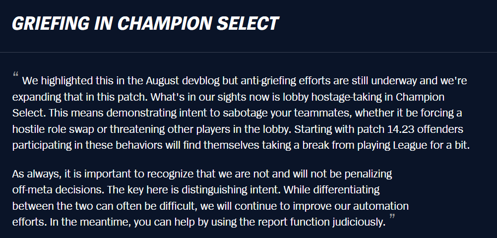 Spideraxe30's tweet photo. Champion Select griefing punishments being rolled out in 14.23 https://t.co/VfCZoaMdV7