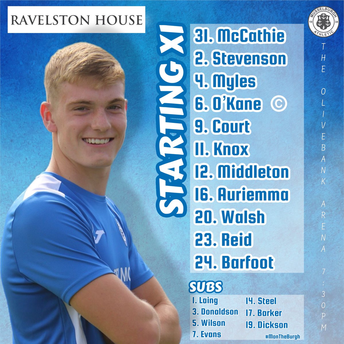 Tonight’s Burgh team to take on Easthouses Lily at Olivebank in The East of Scotland Qualifying Cup 3rd Round

A space on the bench for U20’s players Kerr Steel and Sam Dickson whilst Callum Middleton makes his first start for the First team. 

#MonTheBurgh 💙
