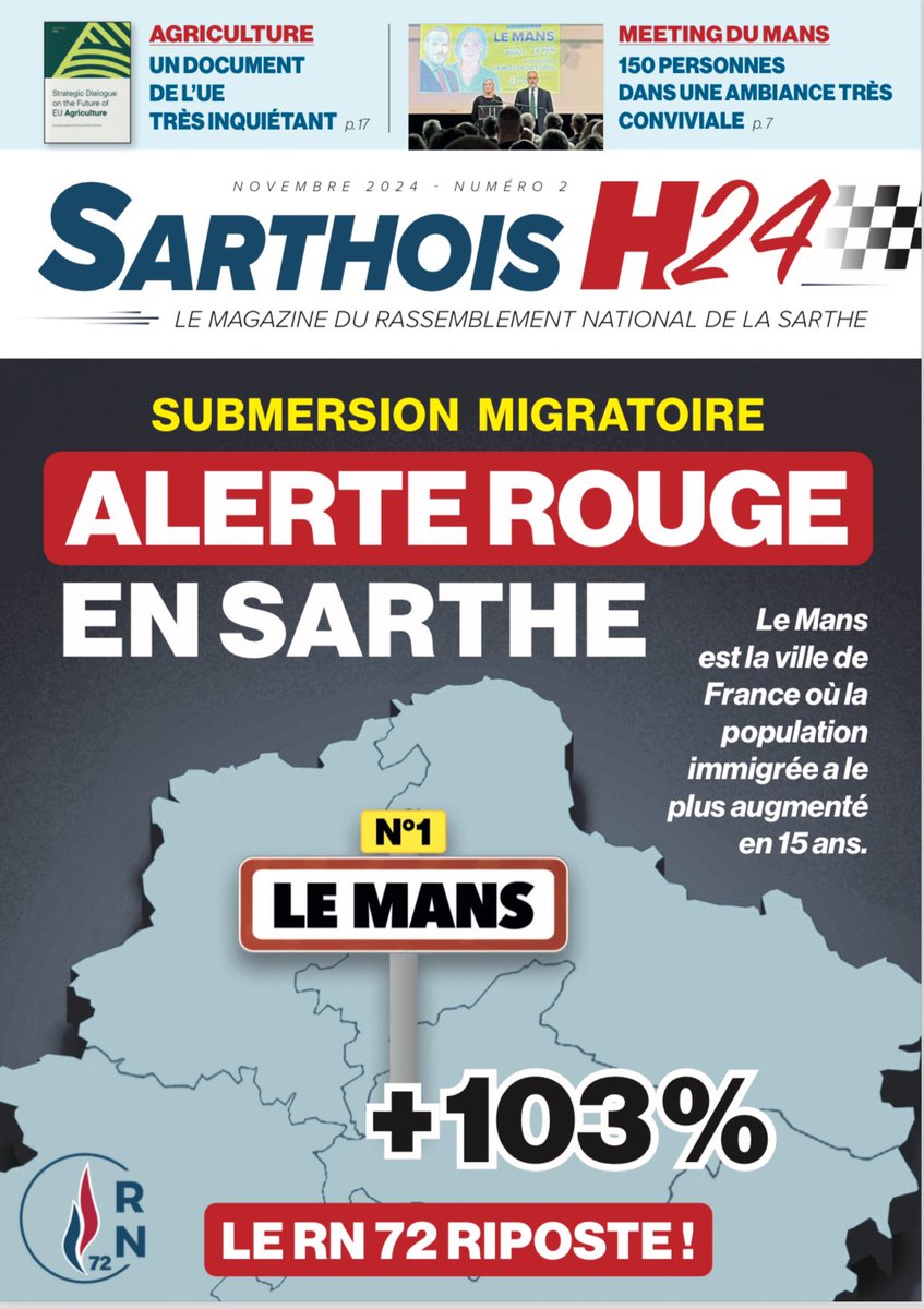 🗞️ #Sarthoish24 👉 parution de la 2e édition !

➡️ Un mensuel de 20 pages, pour revenir sur la vie de la fédération et les actualités locales.

‼️ Dossier spécial sur l’#immigration au Mans, ville de France où elle a le plus augmenté en 15 ans !

Le #RN72 riposte.
<a href="/MCarolineLePen/">Marie Caroline Le Pen</a>