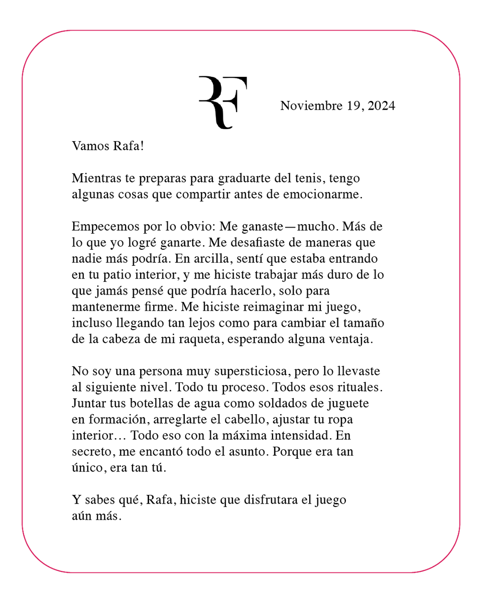 ESPNmx's tweet photo. 🥹 LA CARTA DE ROGER FEDERER A RAFA NADAL ES PARA LEER MIL VECES... ❤

👏 Tómense unos minutos, les prometemos, no se van a arrepentir. No sabemos si volveremos a ver una RIVALIDAD-AMISTAD así.

DISFRUTEN... 🎾 https://t.co/D2hJdqin5O