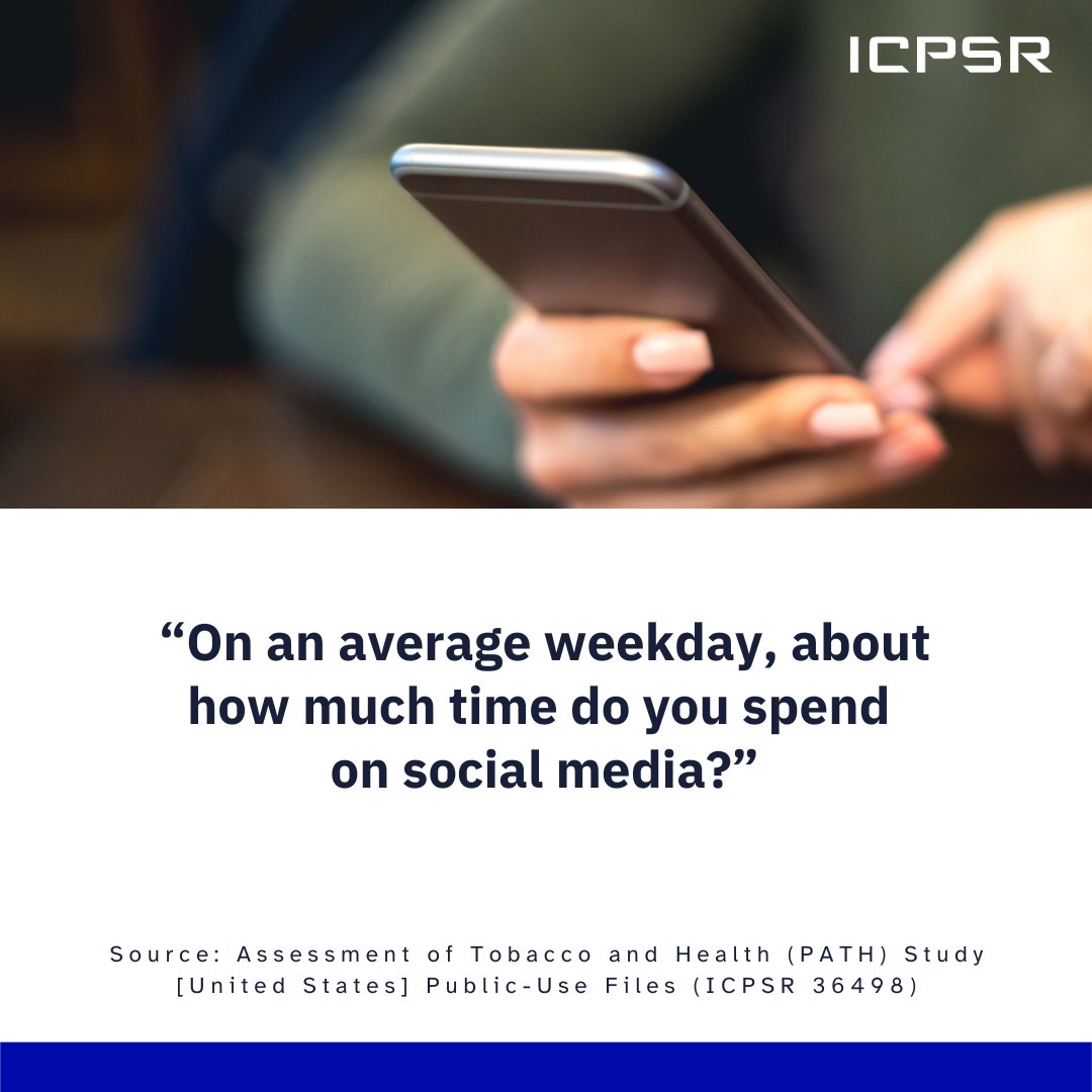 On an average weekday, about how much time do you spend on social media?" See how people answered in Population Assessment of Tobacco and Health (PATH) Study [United States] Public-Use Files (ICPSR 36498): myumi.ch/PkRjz <a href="/NAHDAP1/">NAHDAP at ICPSR</a>