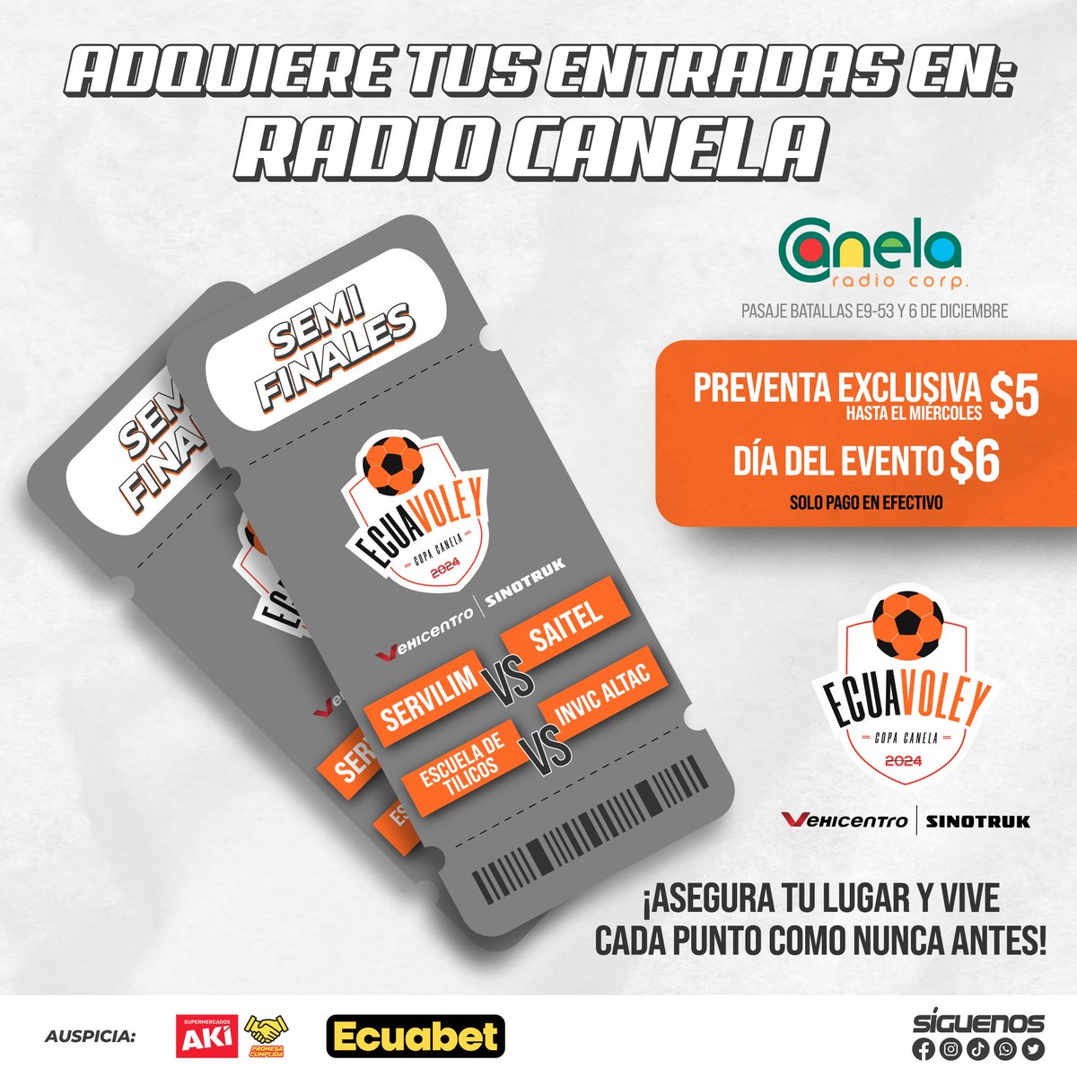 RadioCanelaEC's tweet photo. Prepara el salto y ajusta la malla porque las semifinales de #CopaCanela2024 están aquí. ¿Quién ganará esta vez? 🏆

Compra tus entradas en Radio Canela y vive la pasión de cada saque. 🏐

*Preventa exclusiva a $5 hasta el miércoles. 👈🏽

¡Pilas panas, no falten! 🔥 https://t.co/yAOokVmrFf
