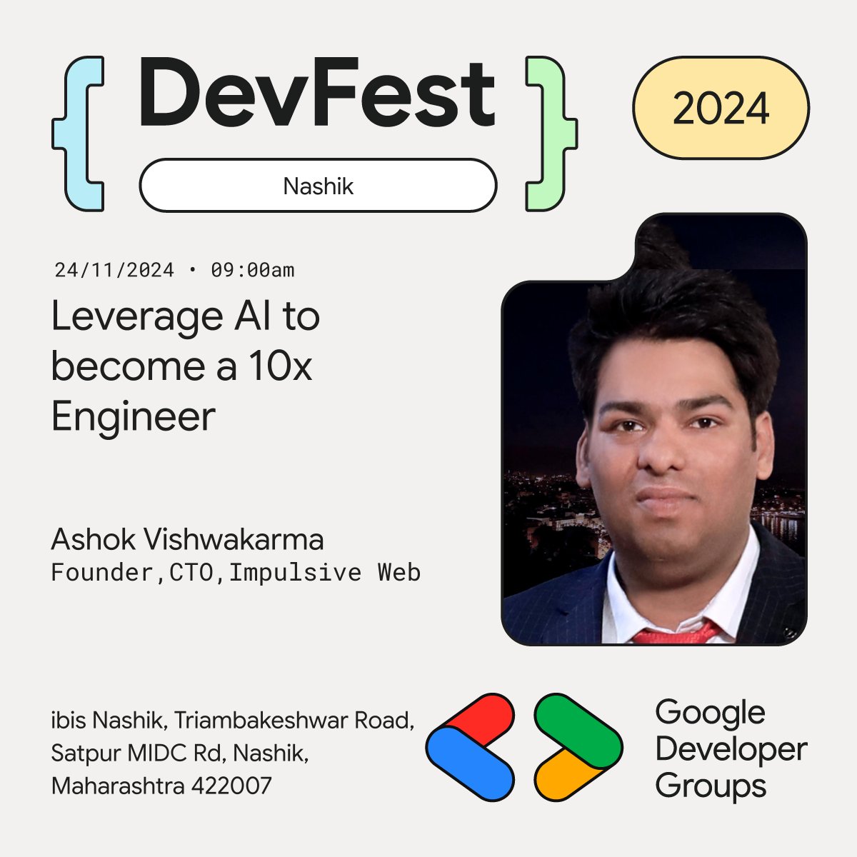 Google Developers Group (GDG) - Nashik (@gdgnashik) on Twitter photo 🎤 Thrilled to announce our next #DevFestNashik 2024 speaker, <a href="/avishwakarmadev/">Ashok Vishwakarma ✪</a> 🚀 Learn how to leverage AI to become a 10x engineer and supercharge your productivity! 🤖💡 This session is a game-changer! 🔥 #GDGNashik #TechCommunity #AI #10xEngineer #DevFest2024 #CloudTech 🎤 Thrilled to announce our next #DevFestNashik 2024 speaker, <a href="/avishwakarmadev/">Ashok Vishwakarma ✪</a> 🚀 Learn how to leverage AI to become a 10x engineer and supercharge your productivity! 🤖💡 This session is a game-changer! 🔥 #GDGNashik #TechCommunity #AI #10xEngineer #DevFest2024 #CloudTech