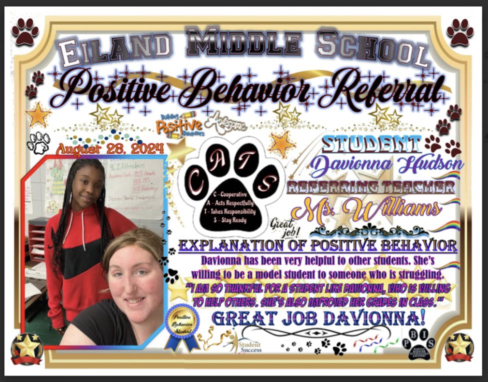Eiland Middle School (@eilandmiddle) on Twitter photo Congratulations Davionna Hudson for receiving a Positive Behavior Referral from Ms. Williams. Ms. Williams “wrote Davionna up” for being helpful to her classmates. “I am so thankful for a student like Davionna who is willing to help others!” Great job Davionna!🎊🐾 Congratulations Davionna Hudson for receiving a Positive Behavior Referral from Ms. Williams. Ms. Williams “wrote Davionna up” for being helpful to her classmates. “I am so thankful for a student like Davionna who is willing to help others!” Great job Davionna!🎊🐾