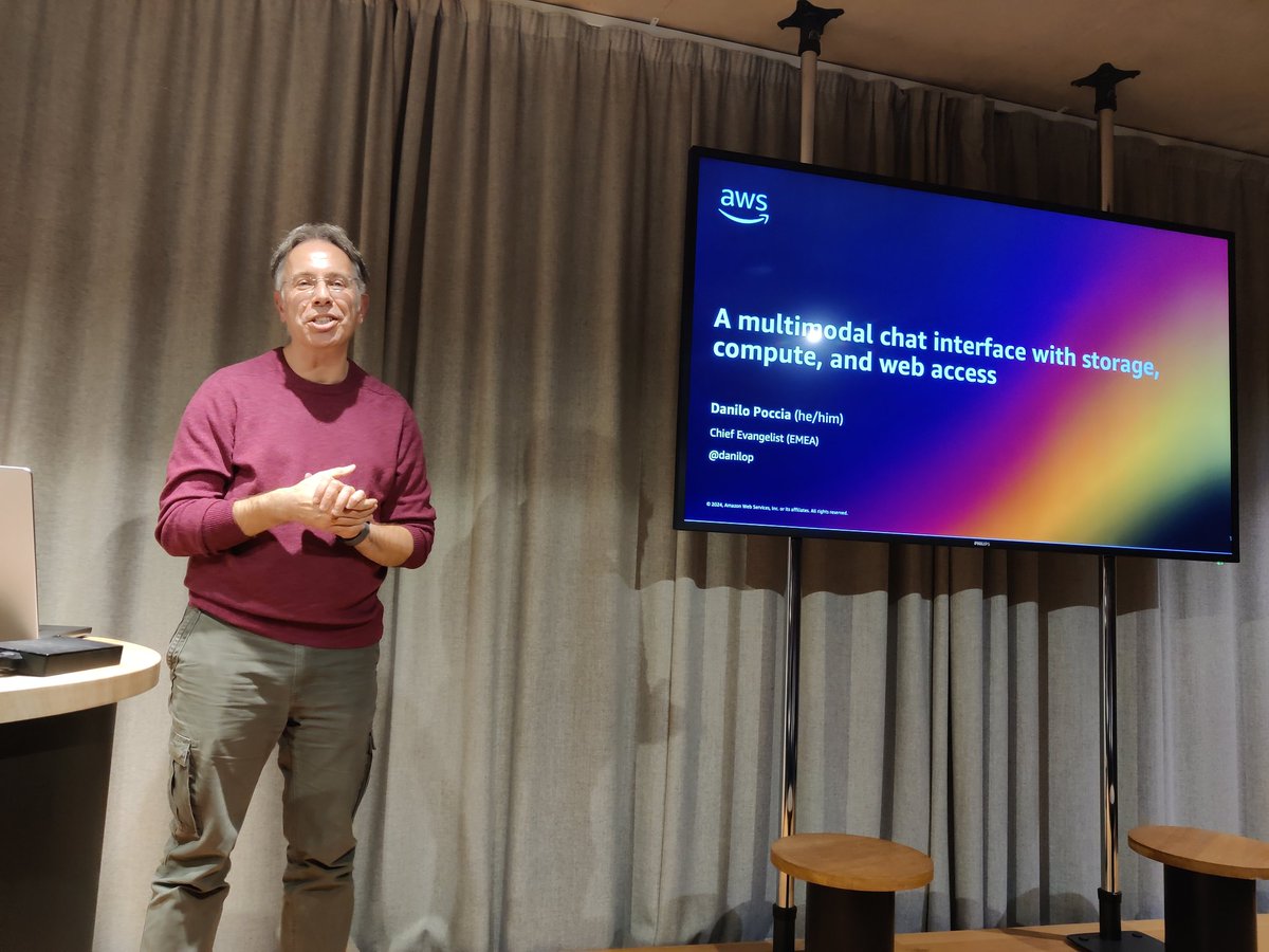 .<a href="/danilop/">Danilo Poccia</a>'s showing us how to make a do-everything #GenAI assistant in <a href="/awscloud/">Amazon Web Services</a>, thanks to our wonderful hosts at the <a href="/BradfieldCentre/">The Bradfield Centre</a>