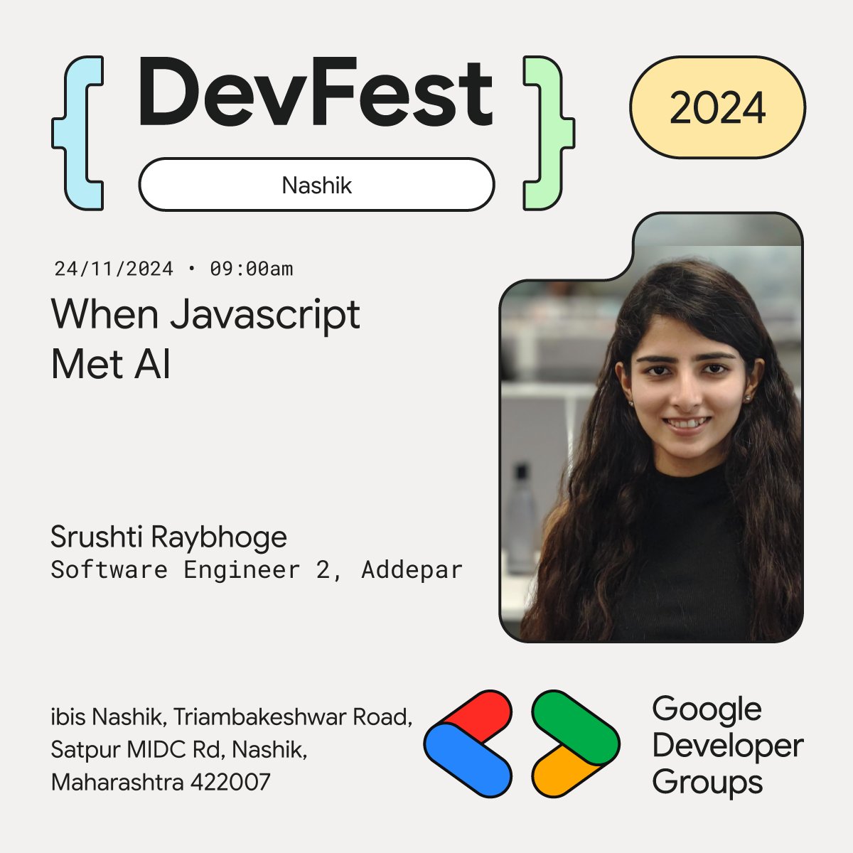 🎤 Excited to introduce <a href="/SRaybhoge/">Srushti Raybhoge</a> for #DevFestNashik 2024! 🚀 Don’t miss their session, "When JavaScript Met AI" 🤖💻—a must-attend for all JS and AI enthusiasts! Get ready for some mind-blowing insights! 💥 #GDGNashik #TechCommunity #JavaScript #AI #DevFest2024 #CloudTech