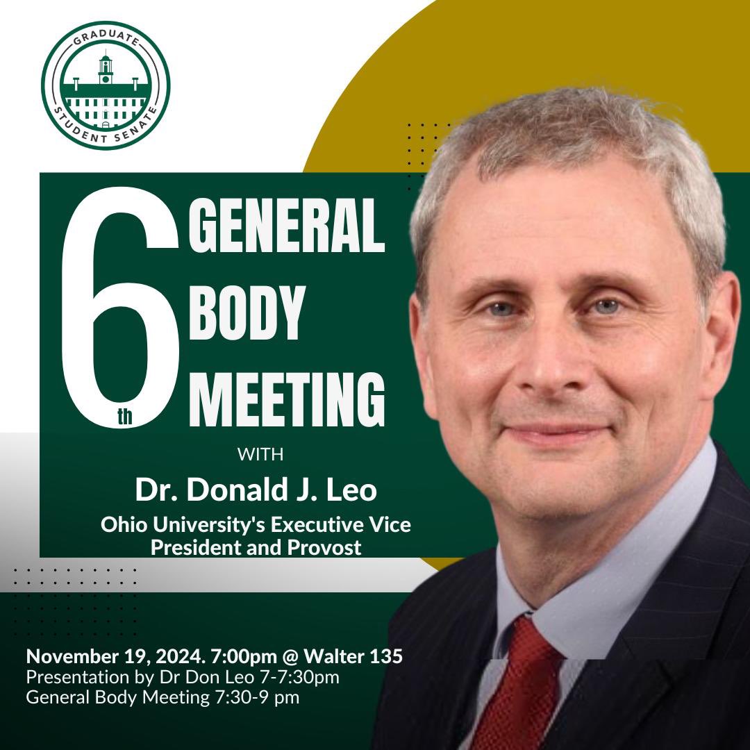 Don’t miss the opportunity to engage with fellow grad students and the university’s vice-president today at Walter 135! See you at 7:00pm🎉

#graduatestudentsenate #ougss #ohiouniversity #ougradlife #academiccommunity #leadershiptalks