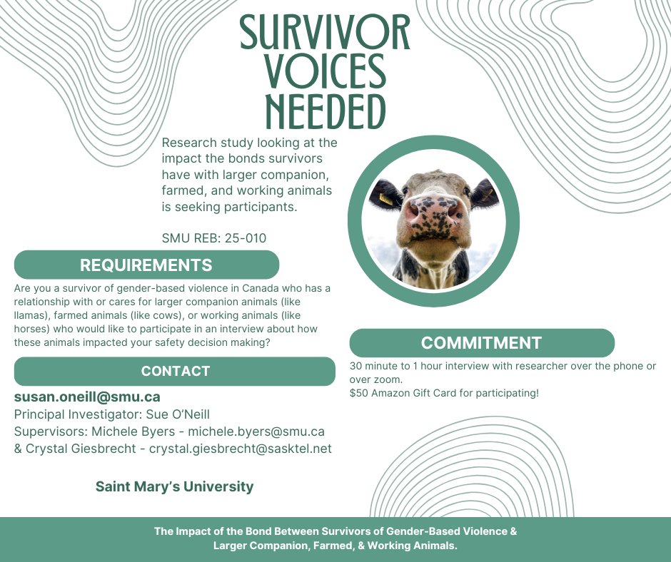 LNandKH's tweet photo. Service provider &amp; survivor voices are needed for this important study from @smuhalifax investigating the bond between survivors of GBV and larger companion, farmed, &amp; working animals &amp; how this impacts decision-making &amp; safety planning!

Interested? Email susan.oneill@smu.ca! https://t.co/eDQqRwWfOS