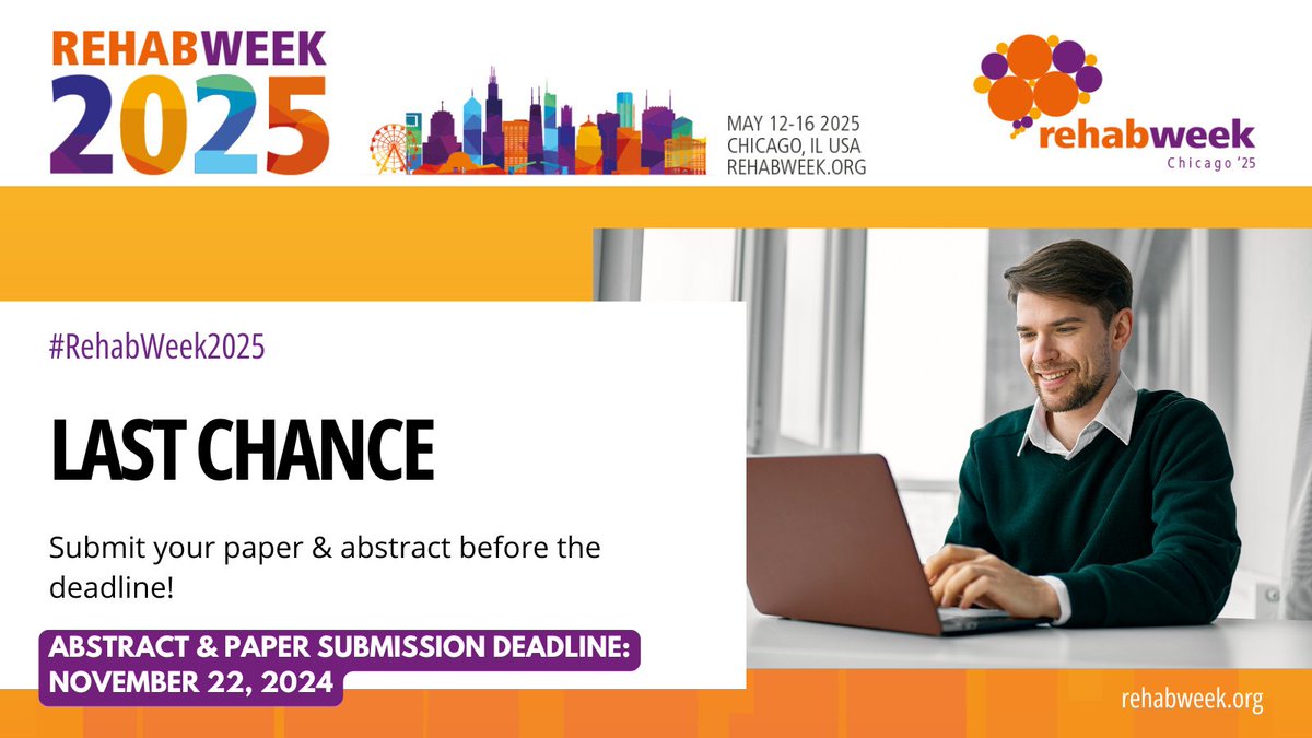 ⏰ Last chance to be part of #RehabWeek2025! Submit your research by 22nd November and showcase your work to the global rehabilitation technology community.🌟

bit.ly/4fOSkvr

<a href="/ICORR_2025/">ICORR 2025</a> <a href="/IFESS_org/">Int’l Functional Electrical Stimulation Society</a> <a href="/ISVRSociety/">ISVRSociety</a> <a href="/ACRMtweets/">ACRM</a> <a href="/MiNT_hobbs/">The MiNT Academy: Masterclass in Neurotechnology</a> <a href="/RESNAorg/">RESNA</a>