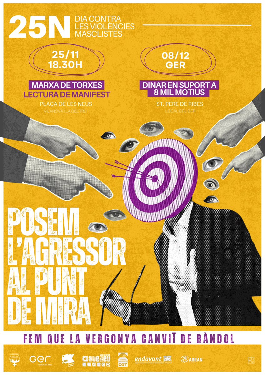 Aquest #25N posem l’agressor al punt de mira. Que la vergonya i la por canviïn de bàndol.

🗓️ dilluns 25/11 a les 18:30h, Plaça de les Neus (Vilanova i la Geltrú)
🗓️ diumenge 8/12 dinar amb <a href="/8MilMotius/">8 Mil Motius</a> al <a href="/entitatger/">Entitat Cultural Ger</a> (Sant Pere de Ribes)

Ens veiem els carrers 💥