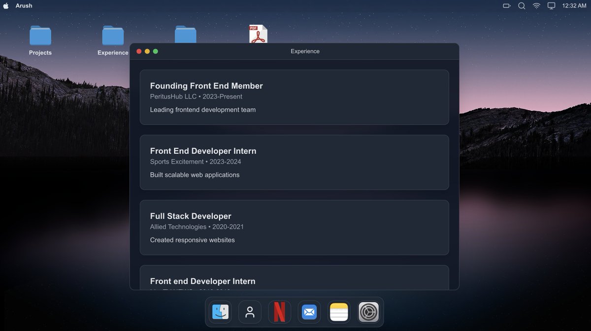Hi everyone! I'm Arush, a front-end developer.
This is my first post, and I’m excited to share my new portfolio—a MacOS simulation! It’s an interactive, immersive way to explore my work instead of just scrolling through a page.

Link: portfolio-mac-simulation.vercel.app