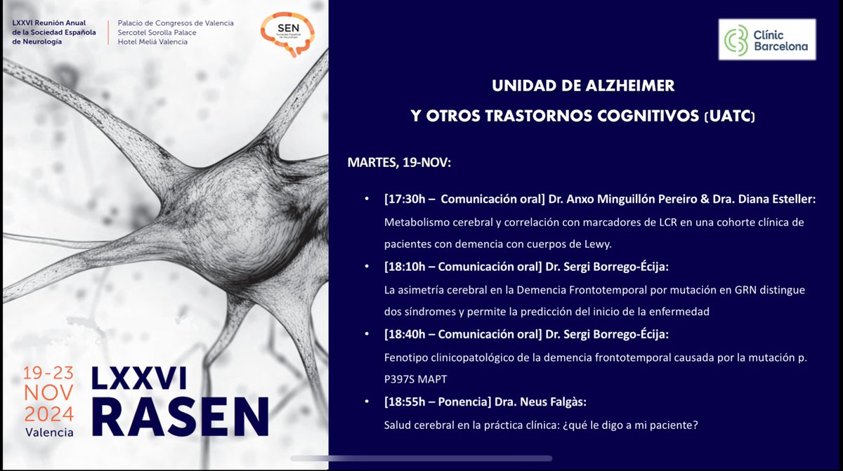 Alz_ClinicBCN's tweet photo. 🚨 La #UATC @hospitalclinic @idibaps ya está en Valencia para las nuevas ediciones de la #RASEN24 y #sedene24❗️
Hecha un vistazo a nuestras ponencias, comunicaciones orales y pósters 👇 https://t.co/zuJKnryF6N