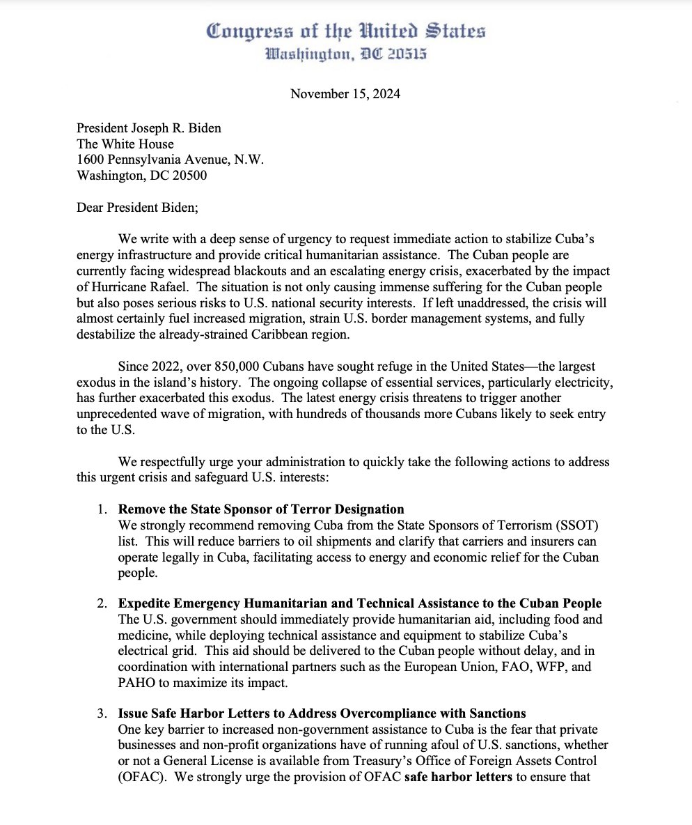 AllianceForCuba's tweet photo. NEW: @RepBarbaraLee, @RepMcGovern, @RepGregoryMeeks &amp; @JoaquinCastrotx urge @POTUS to lift #Cuba's SSOT designation, send urgent humanitarian relief, address private sector over-compliance, suspend sanctions impeding aid &amp; help repair Cuba's energy grid. https://t.co/ezbj2lQue4 https://t.co/nuKAFDEd4X