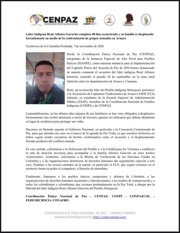 CENPAZ_'s tweet image. #FirmesConElAcuerdo #PactoCapituloEtnico con la Libertad de nuestro compañero #ReneAlfonsoGaravitoLibre
60 días de secuestroS

Clamamos libertad @DelegacionEln @AntonioGaELN @DelegacionGob @IvanCepedaCast @ComisionadoPaz @UAcuerdoPaz @CGRuizMassieu @MisionONUCol @USEmbassyBogota