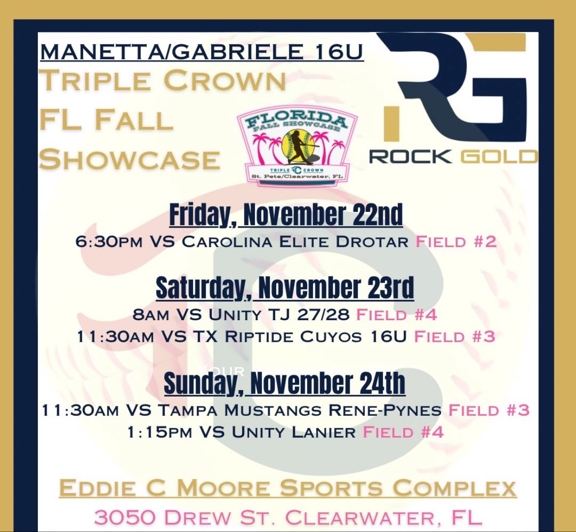 This weekend we're headed to Clearwater, Florida for the Triple Crown Fall Showcase.  Below is our schedule come check us out!! Super excited for the last tournament of our season its been a great one!!