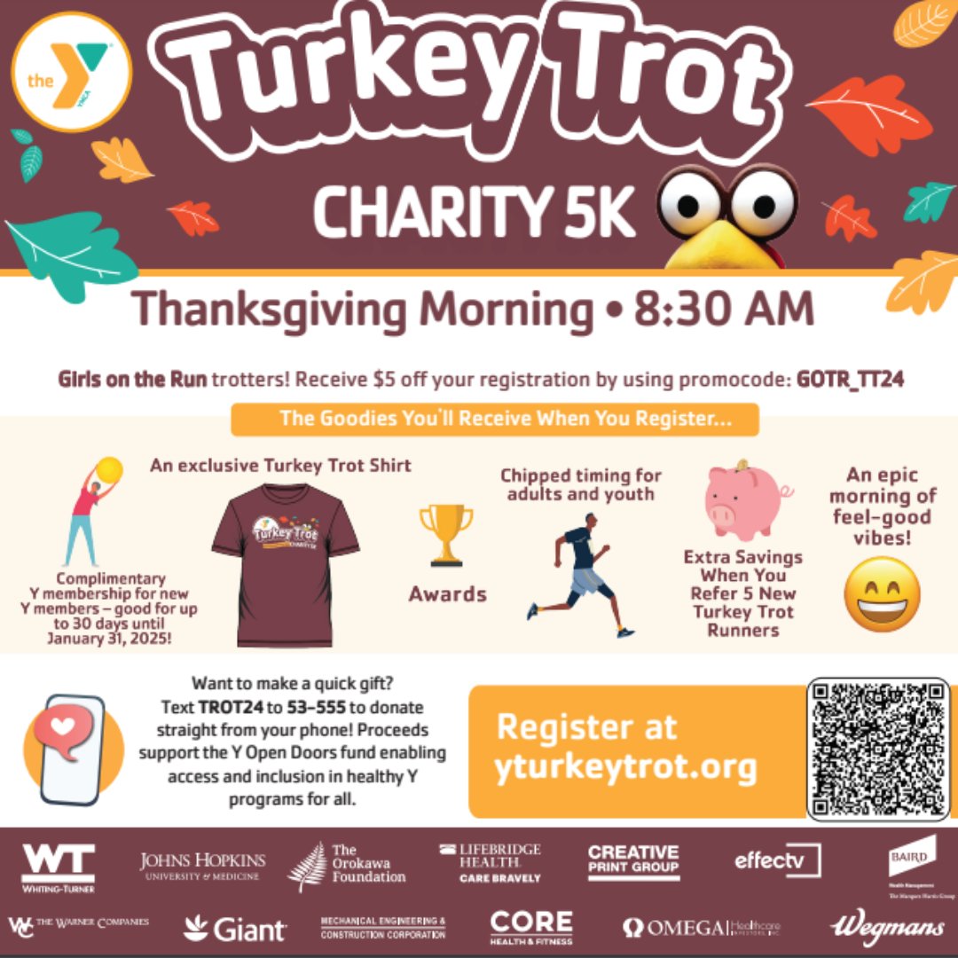 BIG thanks to our friends at <a href="/YCentralMD/">The Y in Central MD</a> for offering a special discount to GOTR Central MD's friends who want to start Thanksgiving with a bang &amp; come out to the annual Turkey Trot 5k. Register at ymaryland.org/events/y-turke… and make sure to use the code GOTR_TT24 to get $5 off.