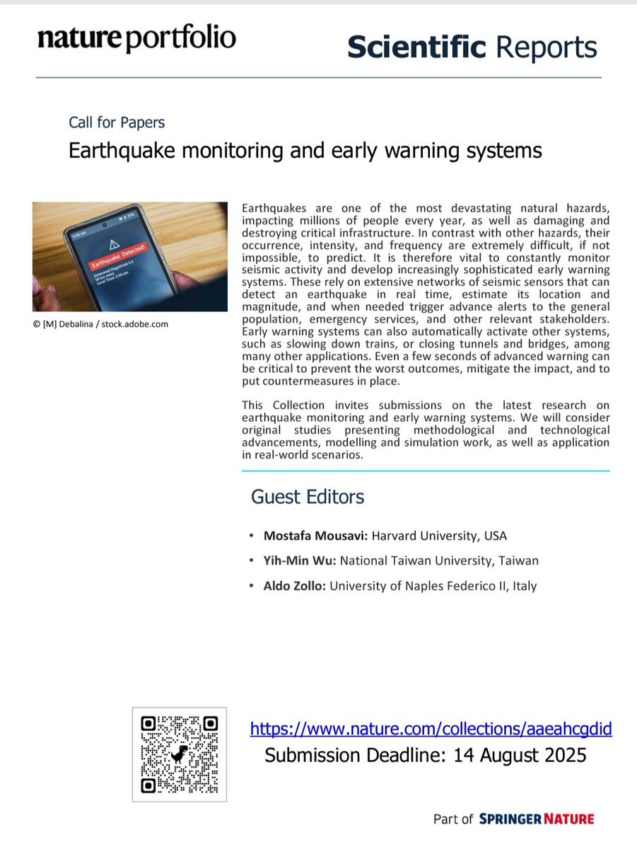 smousavi05's tweet image. Dear Colleague, If you are working on earthquake monitoring or earthquake early
warning, consider the opportunity to publish your work on Nature
Scientific Reports in the Special Collection &quot;Earthquake monitoring
and early warning systems. &quot; nature.com/collections/aa…