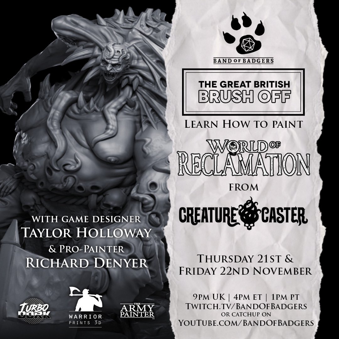 RPGBadgers's tweet photo. Join the Band Thursday & Friday for the return of the BRUSH OFF as paint minis from WORLD OF RECLAMATION campaign from @CreatureCaster with Game Designer Taylor Holloway
#rpg #ttrpg #gaming #tabletop #miniature #paintingminiatures #armypainter #turbodork #dnd5e #creaturecaster https://t.co/6d1QdeOLQ9