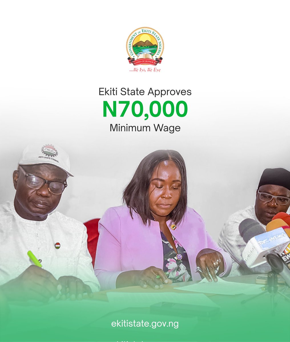 ekitistategov's tweet photo. Ekiti State Government has approved a new minimum wage of N70,000, effective December 1, 2024. 

This was done via a Memorandum of Understanding that ensures the minimum wage covers all strata of workers and pensioners. The approval of the new minimum wage follows the signing of the Wage Negotiation Committee's report by the State Government and organized labour leaders. 

Representing the State Government, the Head of Service, Dr Folakemi Olomojobi signed the MoU and thanked Ekiti workers for their patience and trust in the government's commitment to finding a mutually beneficial solution.

Read more through the link in bio.📱 

#KeepingEkitiWorking #BAOGovernance #SharedProsperity #SocialInclusion #MinimumWage