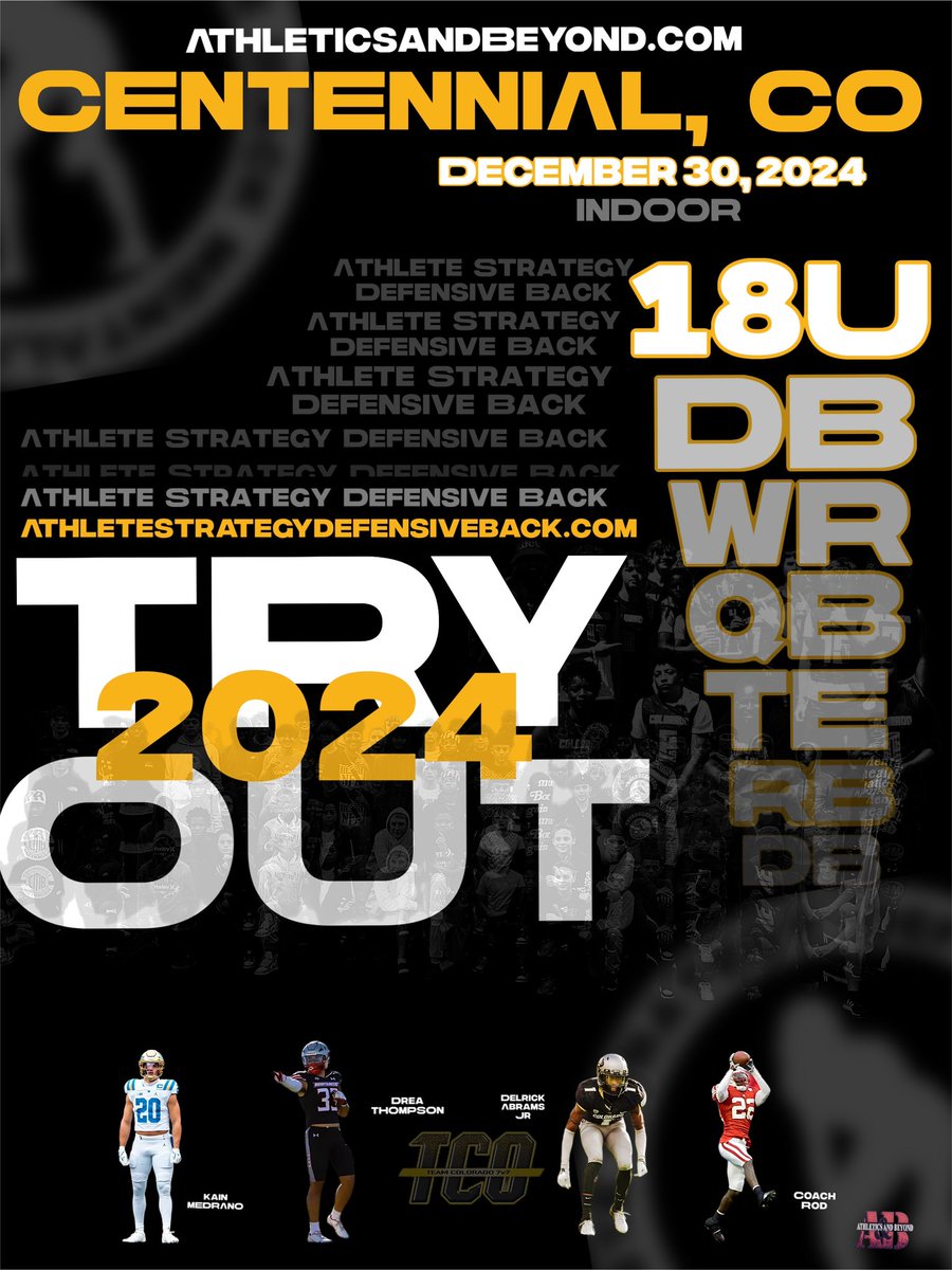 AthleticBeyond's tweet photo. 🚨 @RodCoaching | @tco7v7 Tryouts 🚨
🗓️ December 30, 2024
🏈 Calling all 18U players &amp; QBs (invite-only)!
💸 $25 per player

DM us for details and to sign up! Don’t miss your chance to compete and showcase your skills. 🏆💪
#TeamColorado #7v7Football #Tryouts #AthleteStrategy https://t.co/pA7CJW7p9P