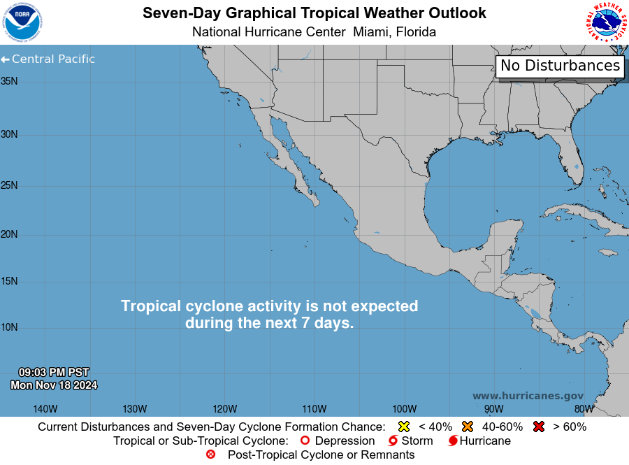 metmex's tweet photo. 🌀 Faltan menos de 11 días para que de fin oficialmente la temporada de ciclones tropicales 2024.

*En este momento no esperamos formación ciclónica en los siguientes 7 días. #metmex https://t.co/FrNxRQ0WmM