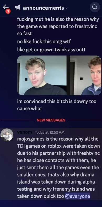 TackzDevEnder's tweet photo. BREAKING: Washed up Roblox Developer "Tackz" AKA "Venom", creator of failed game "Frenemy Island" or "Island Rivals", goes on public abelist discord rant to shame successful money-maker MojoGames' looks and face! https://t.co/3zQPkYAxCM
