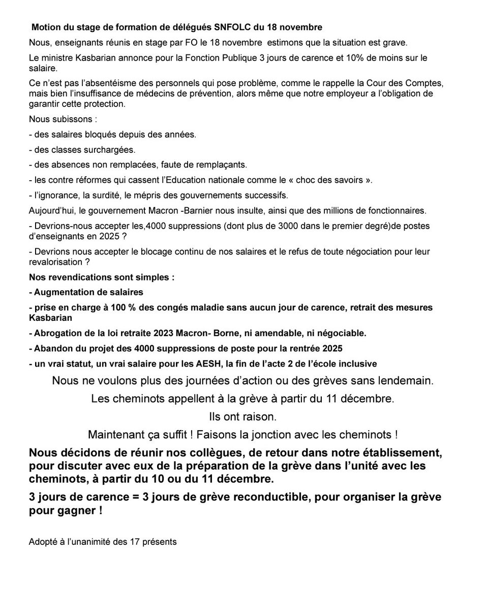 FnecFpFO's tweet photo. Les personnels veulent gagner sur leurs revendications. Engager un vrai rapport de force, une vraie grève. Ils cherchent tous les points d'appui, comme la grève des cheminots, pour bloquer #Macron # Barnier and Co. Quelques motions reçues ce jour, reflétant cette recherche👇 1/2 https://t.co/TjBNgmf4mA