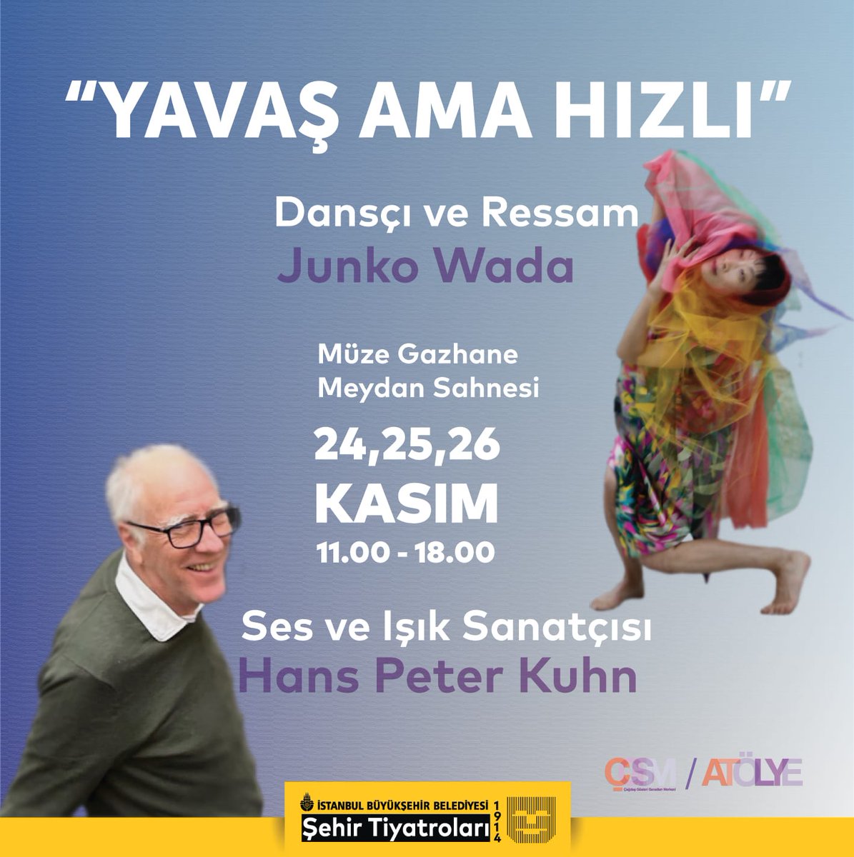 sehir_tiyatrosu's tweet photo. Dünyaca ünlü ses ve ışık sanatçısı Hans Peter Kuhn ve performans sanatçısı Junko Wada’yı üç gün sürecek bir atölye çalışması için İstanbul’da konuk ediyoruz!

ÇGSM’nin bu sezon düzenlediği ilk uluslararası atölyesi 24, 25 ve 26 Kasım tarihlerinde 11.00-18.00 saatleri arasında Müze Gazhane Meydan Sahne’de gerçekleştirilecek. 😉

“Yavaş ama Hızlı” isimli atölyeye izleyici olarak katılım sağlamak isteyenler, cgsm.atolye@ibb.gov.tr mail adresine CV’leriyle birlikte başvurabilirler. 

26 Kasım Salı günü, atölyenin sonunda gerçekleşecek performansa hepinizi bekliyoruz. 💫