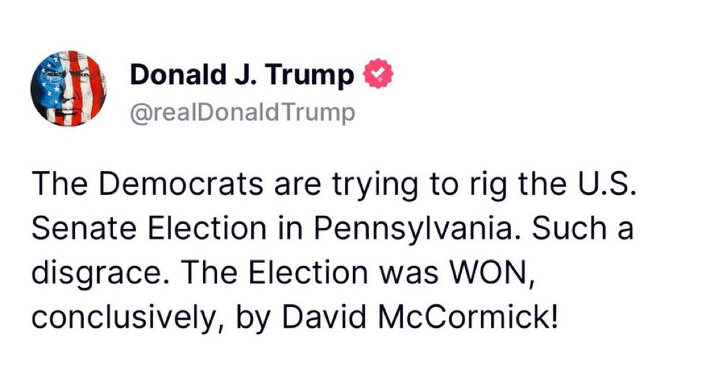 President Trump just issued this statement about how <a href="/TheDemocrats/">Democrats</a> are trying to steal a Senate seat in Pennsylvania and <a href="/SenBobCasey/">Bob Casey</a> is refusing to concede. 

Meanwhile, <a href="/SenJohnThune/">John Thune</a> and <a href="/SenatorTimScott/">Senator Tim Scott</a> are doing nothing to stop the steal. They don’t seem to care if