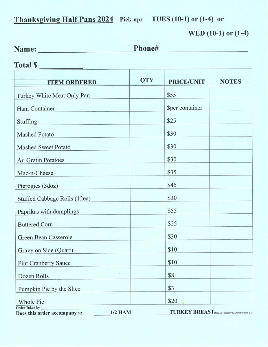 Last day to order our Turkey and Ham individual dinners and our half pan side dishes. Call today and place your order...440-967-1770