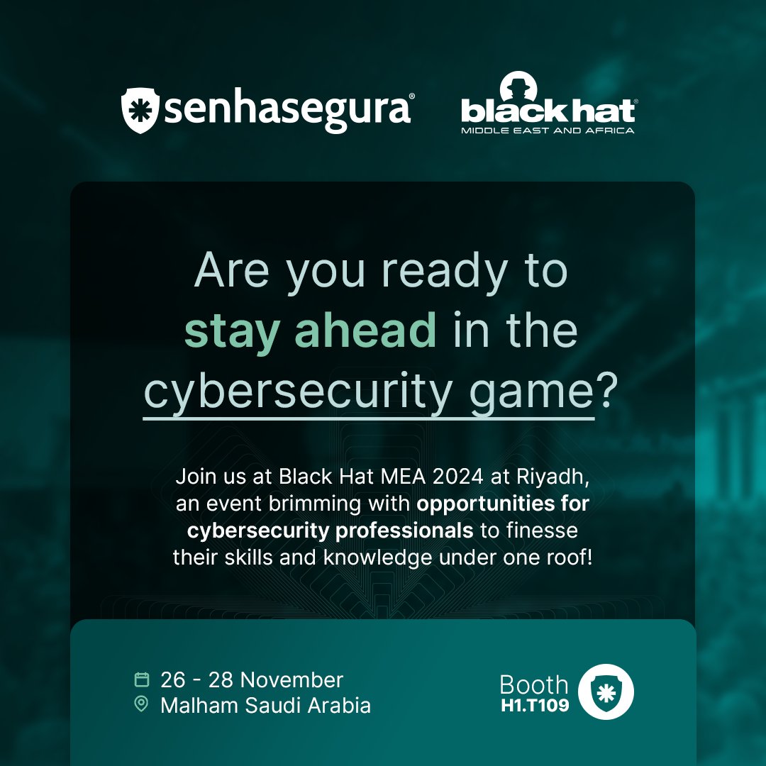 segura_security's tweet photo. Join us at Black Hat MEA!
Explore top trends with 500+ CISOs and 300+ sessions! See us for demos and future-proof your cybersecurity. π‘οΈ
#BlackHatMEA #Cybersecurity #senhasegura #TechEvent #InnovationInCybersecurity #NetworkWithTheBest #PAM https://t.co/m7M88aeehX