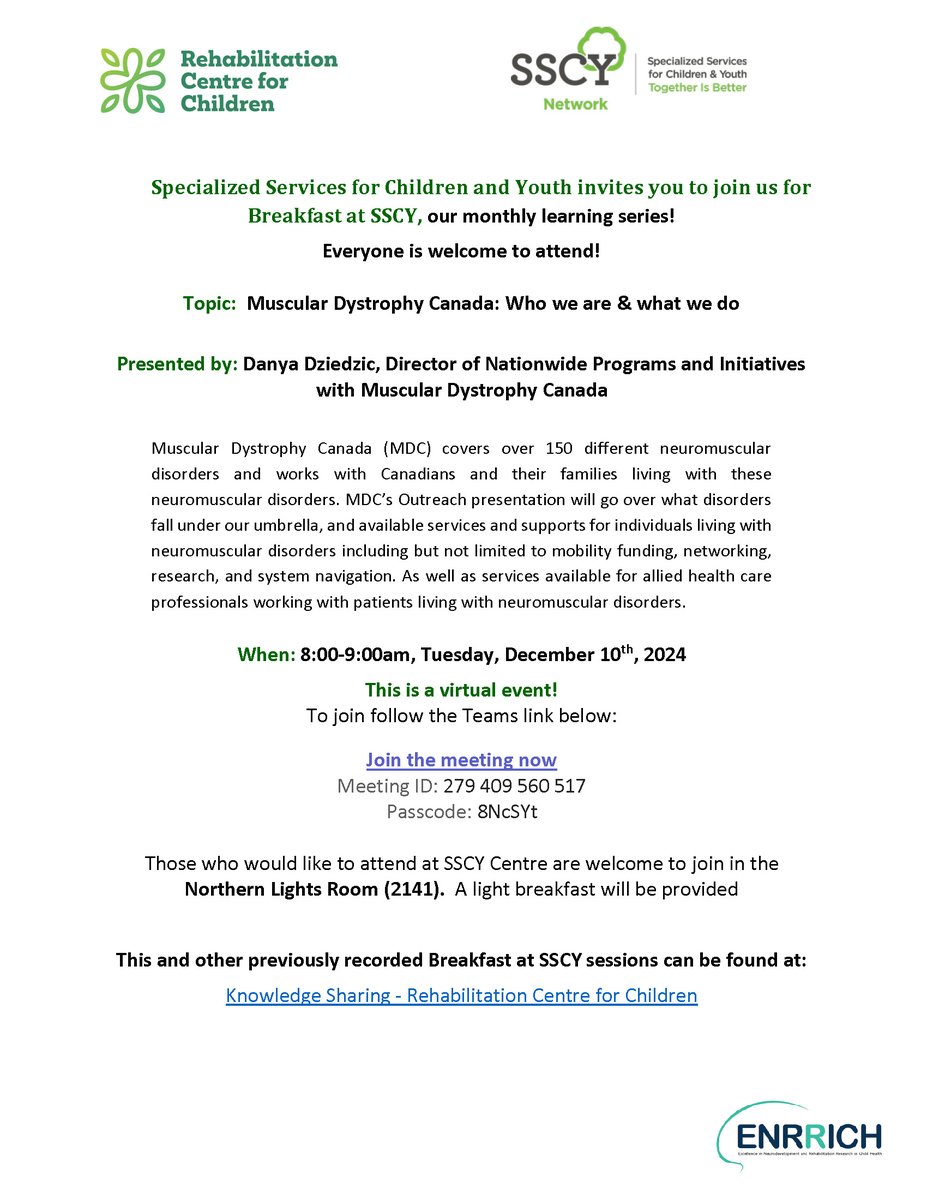 Join us for Breakfast at SSCY coming up on Tuesday, December 10th! This talk will be presented by Muscular Dystrophy Canada's Director of Nationwide Programs + Initiatives, Danya Dziedzic.