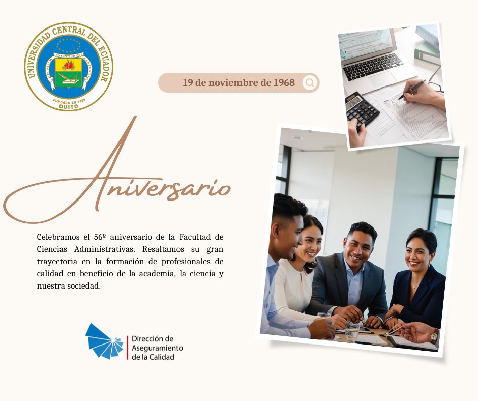 #Celebramos
un año más de trayectoria de la Facultad de Ciencias Administrativas de la Universidad Central Del Ecuador  en la formación de los mejores profesionales del país.
#CalidadConCalidez
#AniversariosUCE
#UCentral
#56años