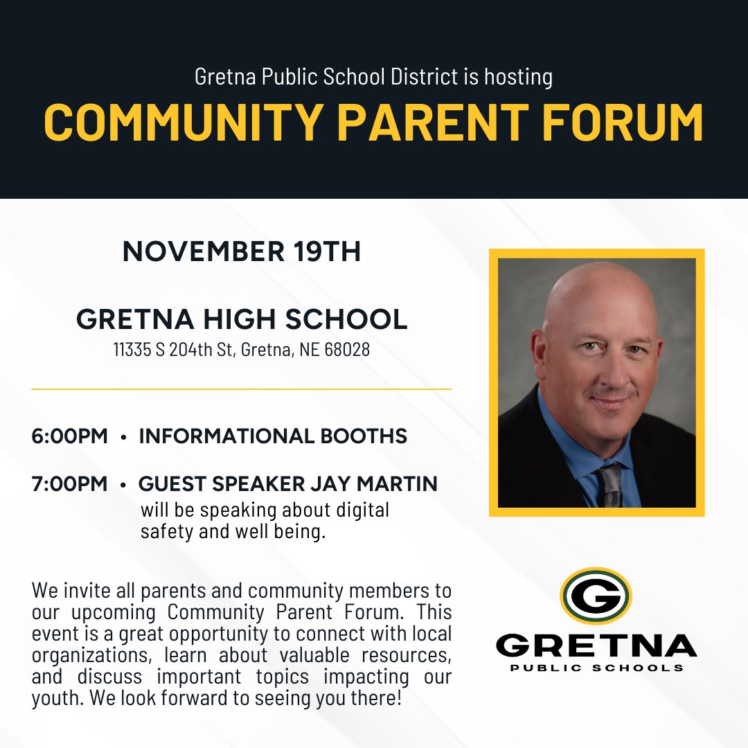Travis Lightle (@travislightle) on Twitter photo I wanted to put out one last reminder for all parents to come and listen to Jay Martin discuss Building a Better Digital Culture <a href="/GretnaHighSch/">Gretna High School</a> tonight. The doors will open at 6 for families to have access to local organizations and Jay will speak at 7:00pm in the theater. I wanted to put out one last reminder for all parents to come and listen to Jay Martin discuss Building a Better Digital Culture <a href="/GretnaHighSch/">Gretna High School</a> tonight. The doors will open at 6 for families to have access to local organizations and Jay will speak at 7:00pm in the theater.