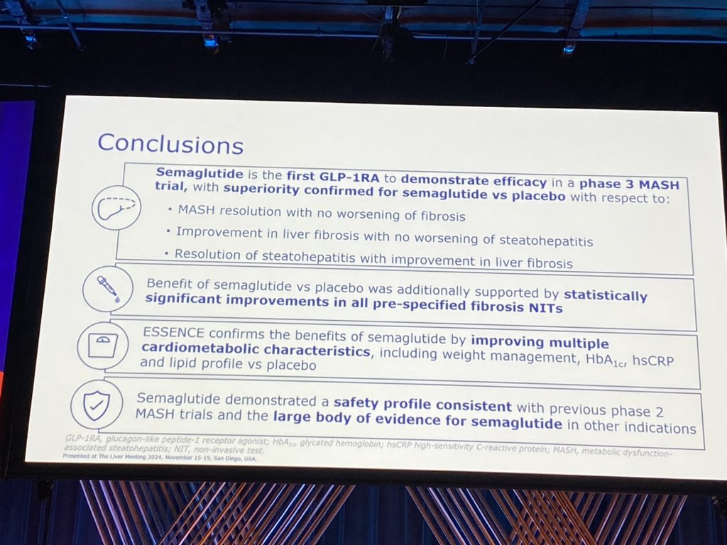 📢 Live from #TLM2024

The highly awaited semaglutide results in MASLD by P. Newsome.

Impressive results from the first 800 patients who completed follow-up in the phase 3 study ESSENCE  👇🏻

<a href="/AASLDtweets/">AASLD</a>