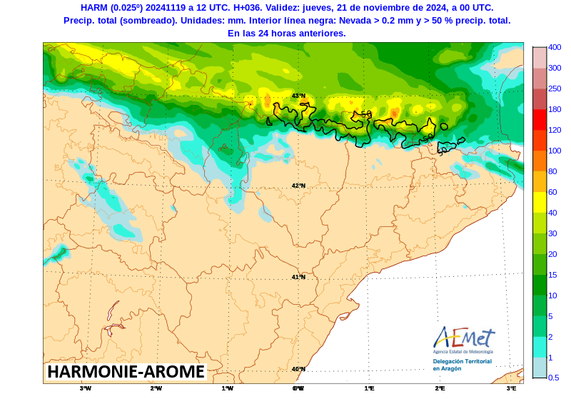 AEMET_Aragon's tweet photo. PCP🌧️MIE 20 y JUE 21 principalmente en caras norte y divisoria de #Pirineos, contorno negro en forma de nieve❄️#cotadenieve⬇️a 1700 m a medianoche mañana pero⬆️de nuevo a 2200 m el viernes, reduciéndose el área de potencial nevada (contorno en blanco) https://t.co/tpM6XKd2k9 https://t.co/jUSiWyk0ra