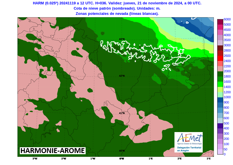 AEMET_Aragon's tweet photo. PCP🌧️MIE 20 y JUE 21 principalmente en caras norte y divisoria de #Pirineos, contorno negro en forma de nieve❄️#cotadenieve⬇️a 1700 m a medianoche mañana pero⬆️de nuevo a 2200 m el viernes, reduciéndose el área de potencial nevada (contorno en blanco) https://t.co/tpM6XKd2k9 https://t.co/jUSiWyk0ra