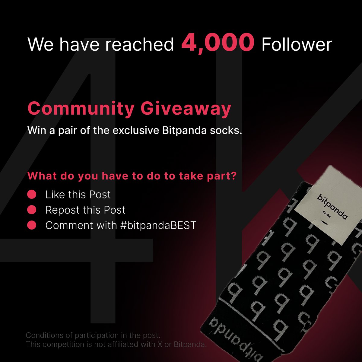 We are 4,000 🤩🤩🚀

Launched around 2 years ago, we have now cracked the 4,000 follower mark. Thank you for your support.❤️

As a little giveaway, you can win a pair of exclusive Bitpanda socks today.😍

➡️Like and report the post 
➡️Comment with #bitpandaBEST