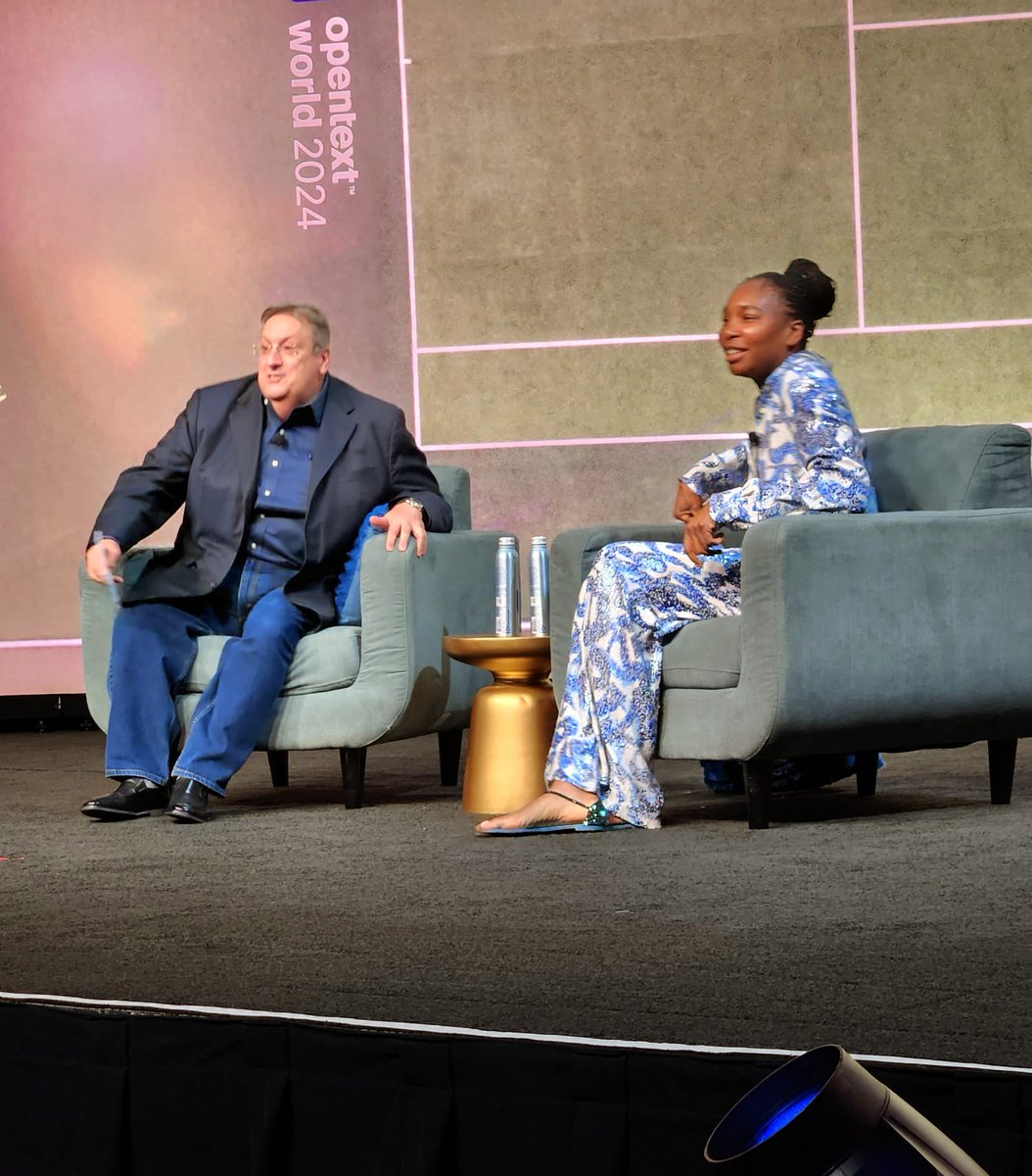 PutterS4U's tweet photo. What a privilege to spend day one at #OpenTextWorld listening to an inspiring conversation between @OpenText CEO, @markbarrenechea, and the GOAT of tennis, @Venuseswilliams! https://t.co/DnYkCzN8J9