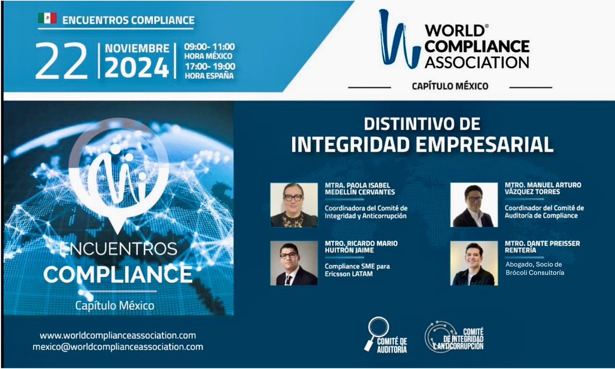 DantePreisser's tweet photo. 📢 No te pierdas el Encuentro de la World Compliance Association, capítulo México. 

Este viernes 22 de noviembre, platicaremos sobre el Distintivo de Integridad Empresarial y sus beneficios. 

🕘 9:00 am. CDMX 

Regístrate aquí: https://t.co/ekLz6D79S1 https://t.co/pg9qI4vnD0