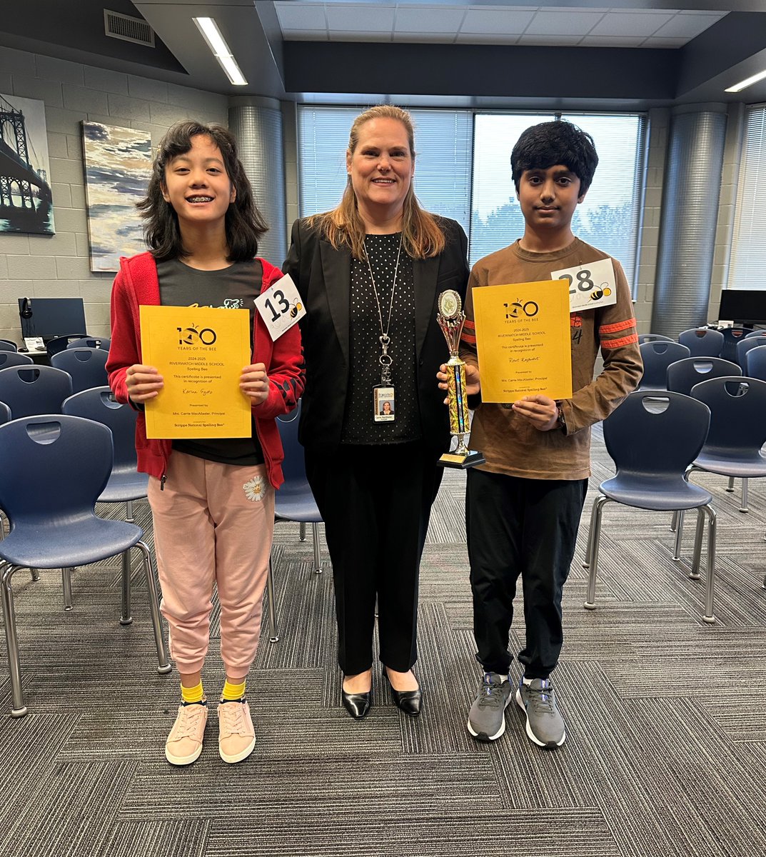 RiverwatchMS's tweet photo. Fifty-one spellers competed this morning in the RMS Spelling Bee. After 19 rounds, we have a Winner and a Runner-Up:
Karina S. from Mr. Long’s 6th ELA class is our Runner-Up, and Ronit R. from Mrs. Miller’s 8th ELA class is our Winner. Congratulations! https://t.co/cDbruUYPbF