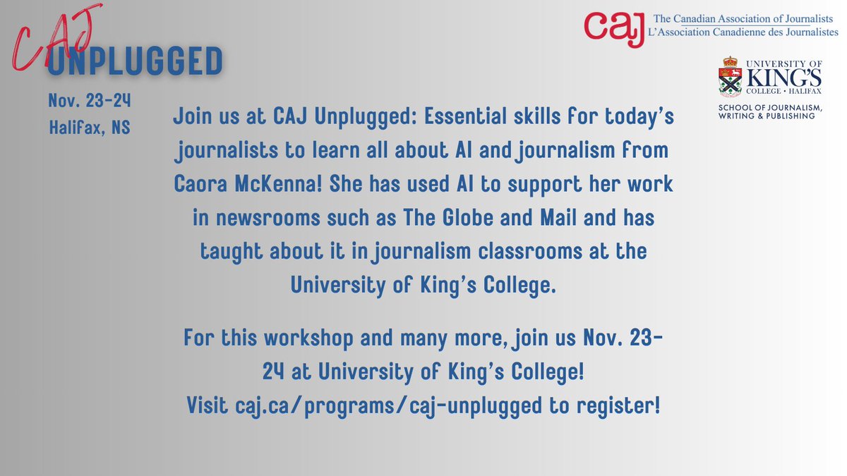 WORKSHOP PREVIEW: Want to learn how to harness AI in your reporting? <a href="/caora_mck/">Caora McKenna</a> will show journalists how to use AI to streamline their work — ethically.

Join us Nov. 23-24 at <a href="/ukings/">U of King's College</a> for CAJ Unplugged! Free entry for <a href="/kingsjournalism/">King's Journalism</a> students. Link in bio!