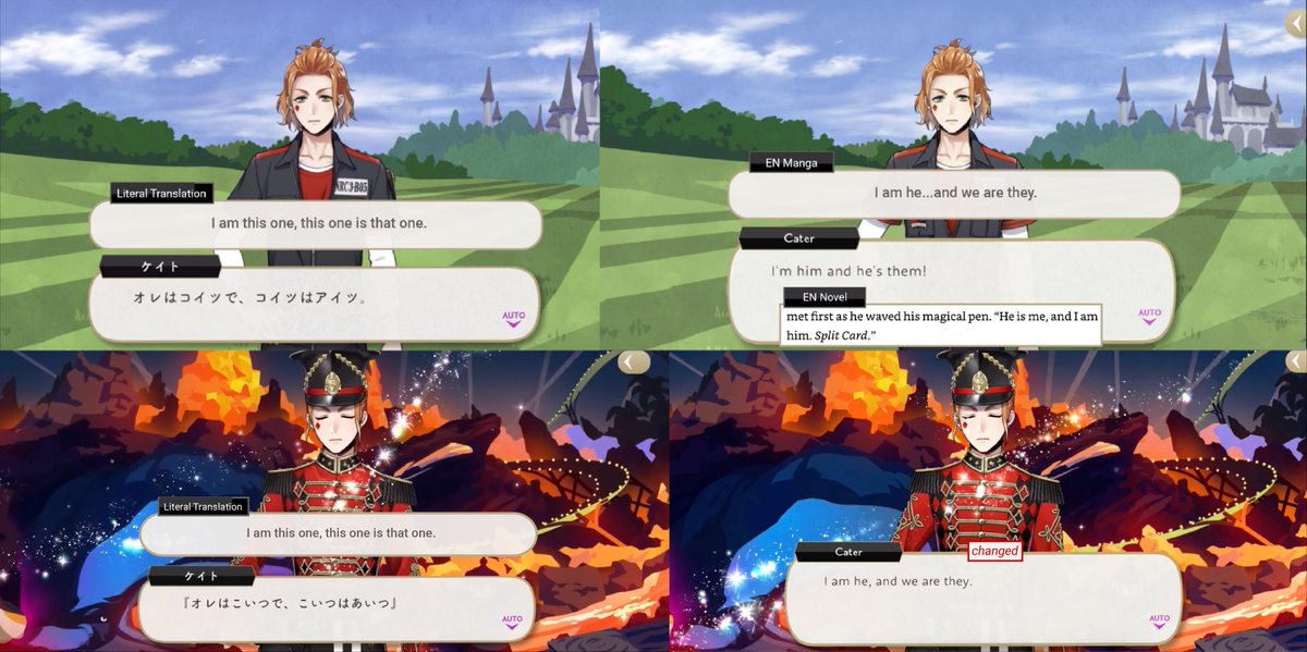 YuuRei20's tweet photo. Playfulland Comparison Chapter 4&amp;5 #twstdialogue (proofread by Tumblr's aoi-hitomi-50 ♡)

The incantation for Cater’s unique magic is consistent across the original game, manga and novel, but has been translated into three different patterns in English--
1/5 https://t.co/3WBFZXPwNT