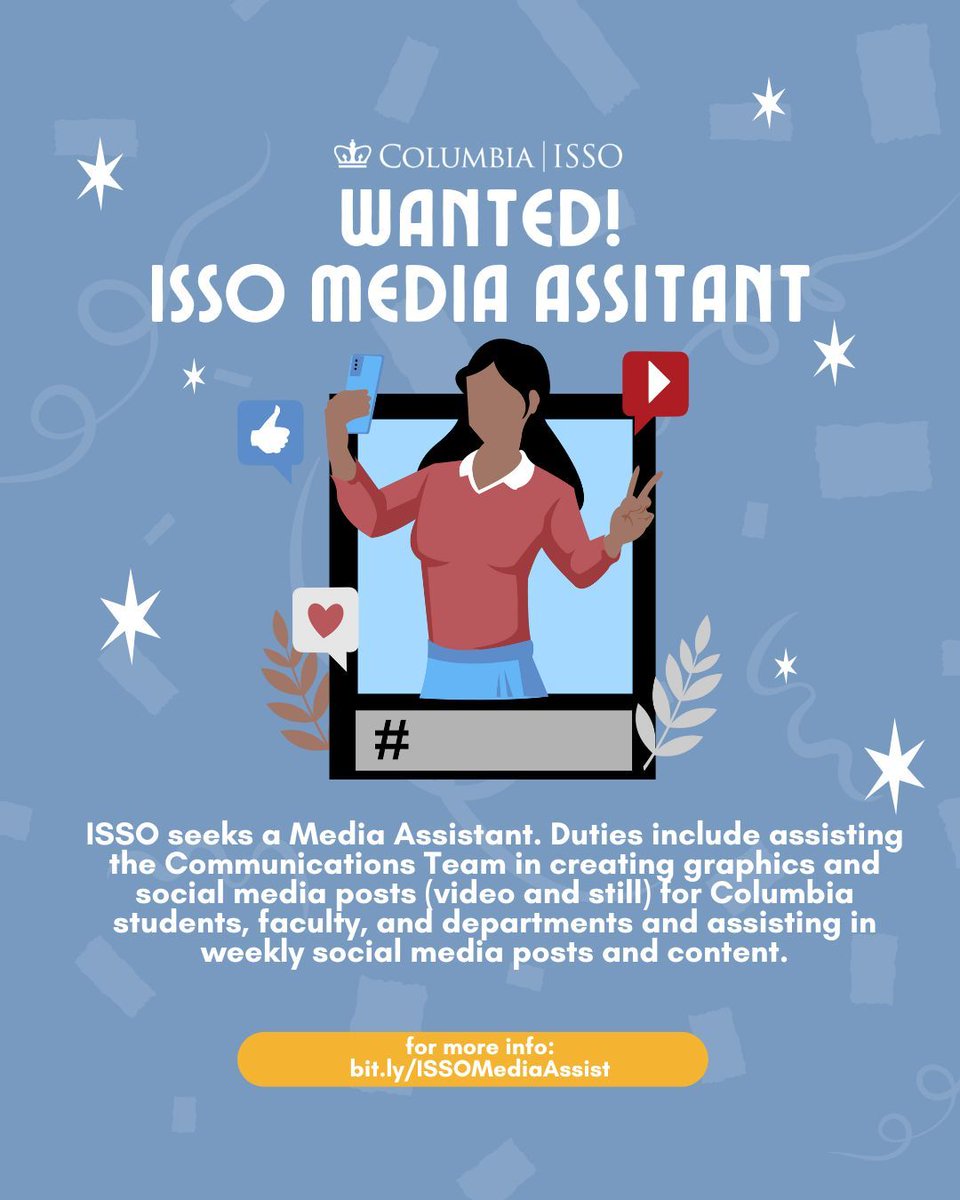 ISSO seeks a Media Assistant. Duties include assisting the Communications Team in creating graphics and social media posts (video and still) for Columbia students, faculty, and departments and assisting in weekly social media posts and content.

Join us: buff.ly/3CANpzg